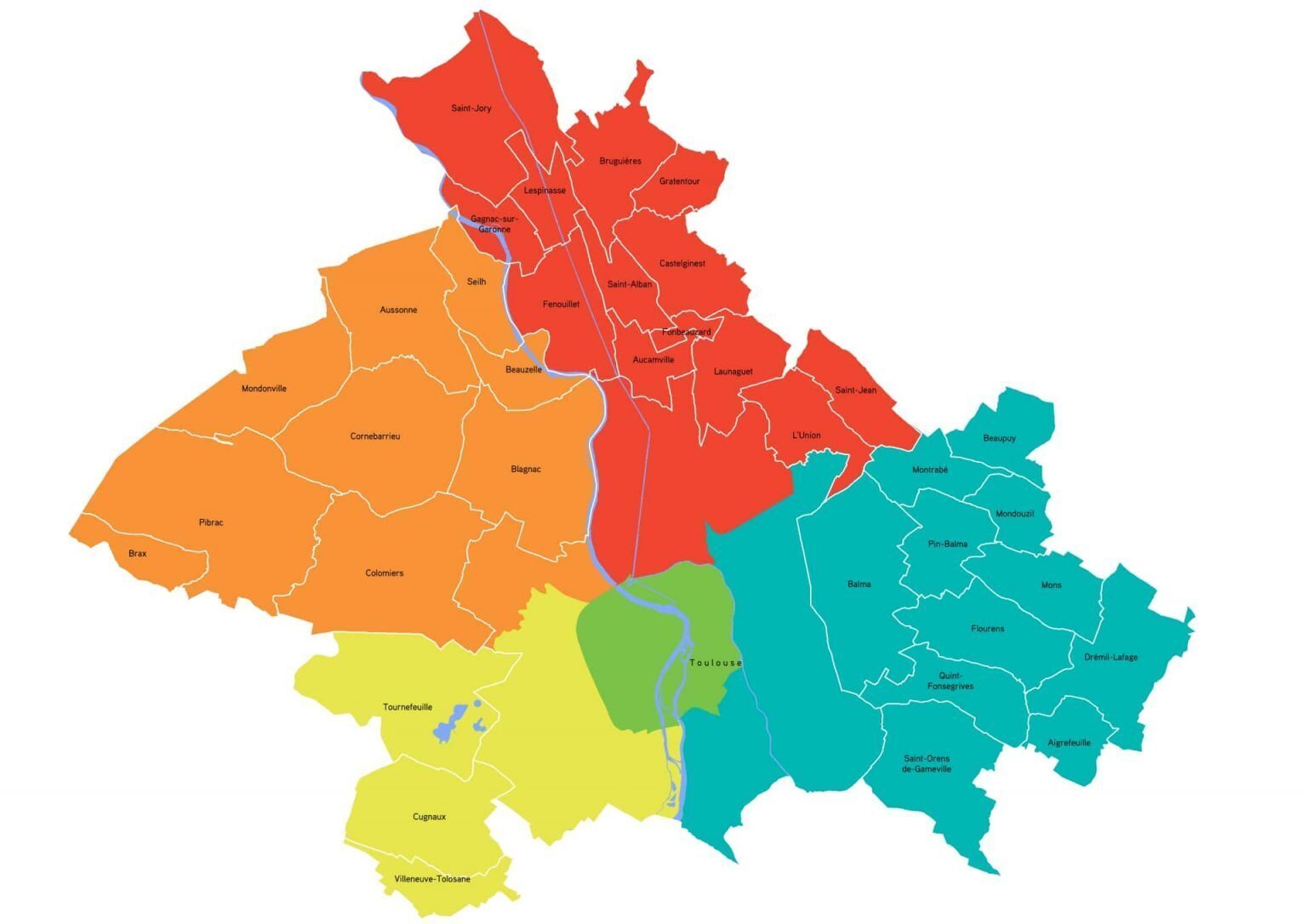 Carte des cinq pôles territoriaux de proximité de Toulouse Métropole